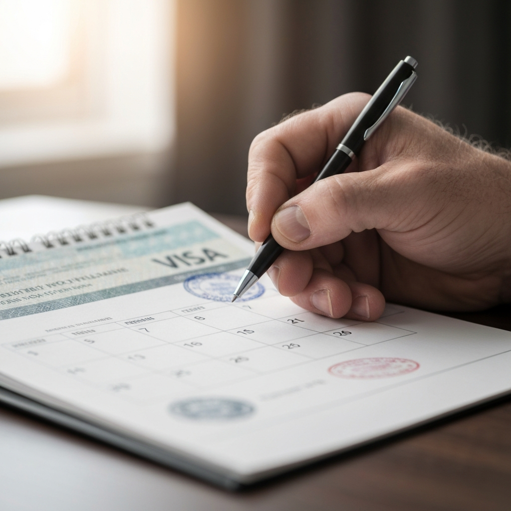 Detalle macro de un documento de visa y una mano con pluma sobre una pagina de calendario, simbolizando oportunidad.