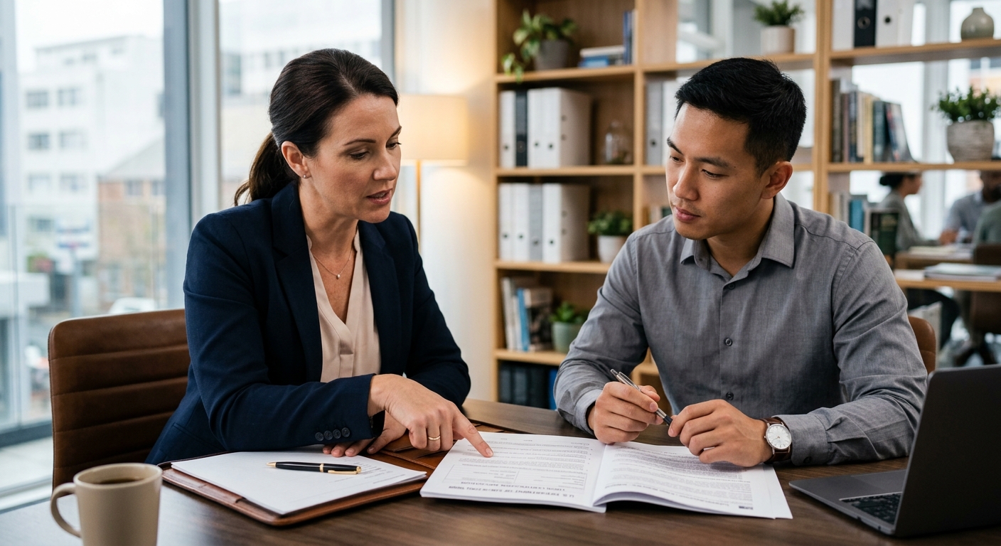 Empleador y trabajador revisando los requisitos de una certificación laboral para residencia por empleo.