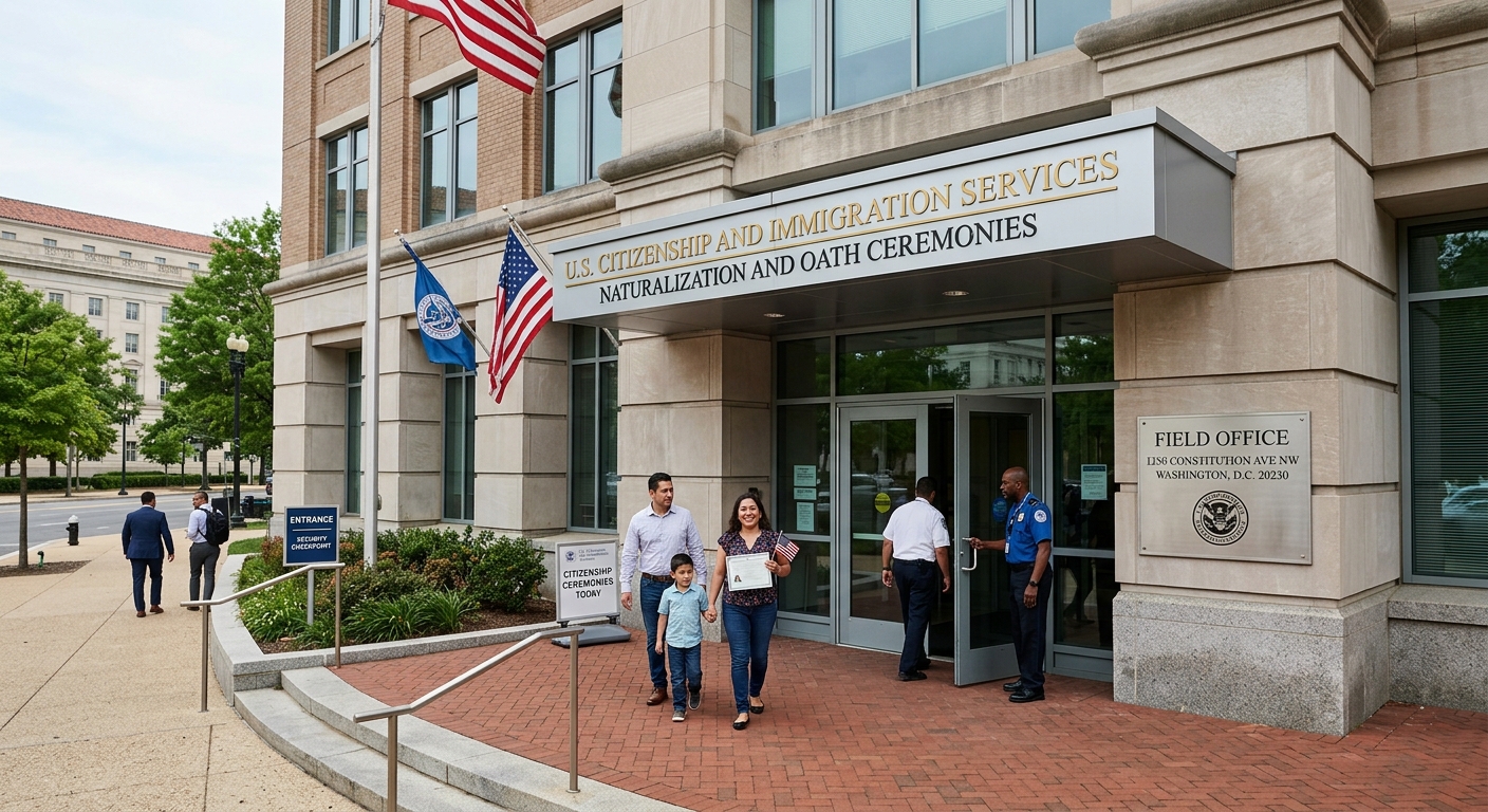 Fachada de una oficina federal de USCIS donde se realizan entrevistas de naturalización.