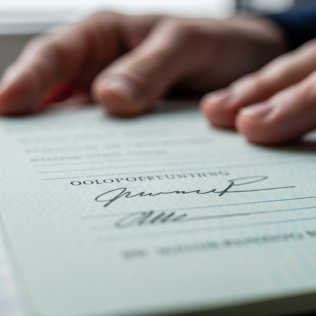 Macro de un pasaporte y una firma sobre formularios simbolizando oportunidades