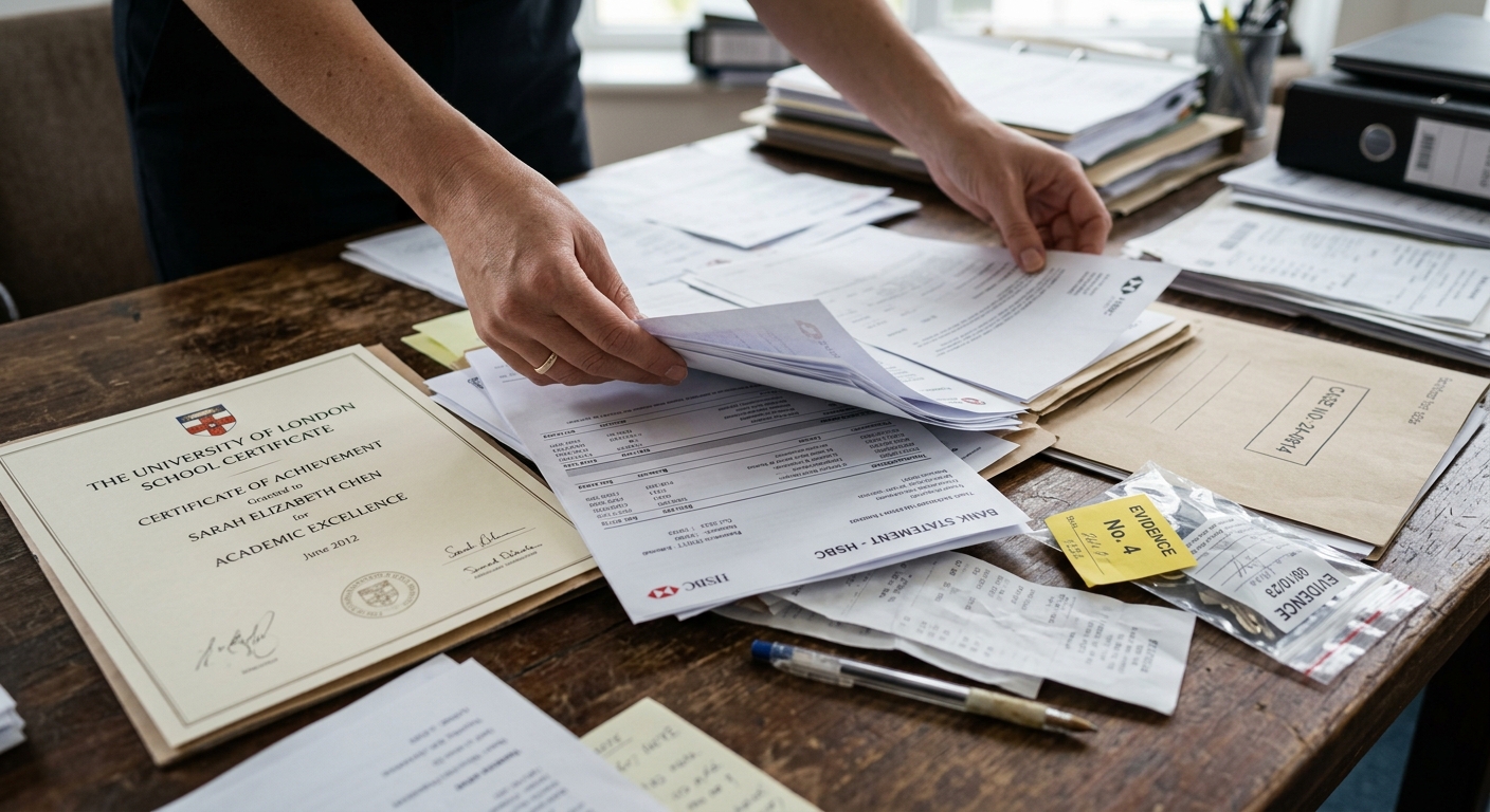 Manos organizando documentos de evidencia para un proceso migratorio de reunificación familiar.