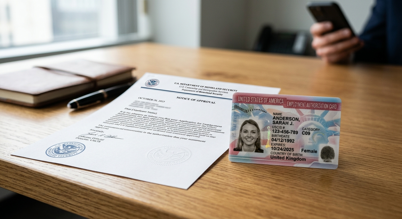 Documento oficial de resultado migratorio y permiso de trabajo para un inmigrante con proceso aprobado.