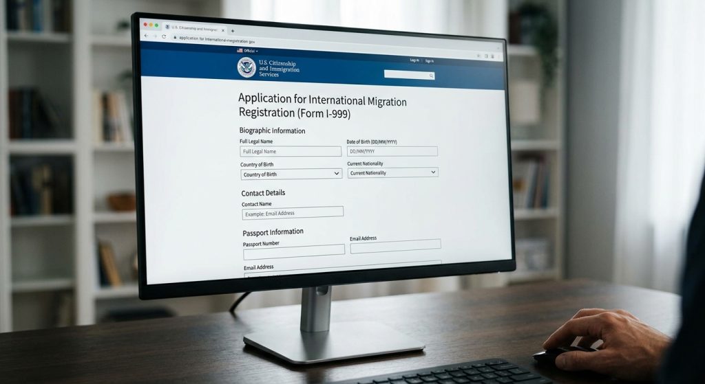 Pantalla de computadora mostrando el sitio web oficial para el registro de la loteria de visas 2026 con un formulario digital.