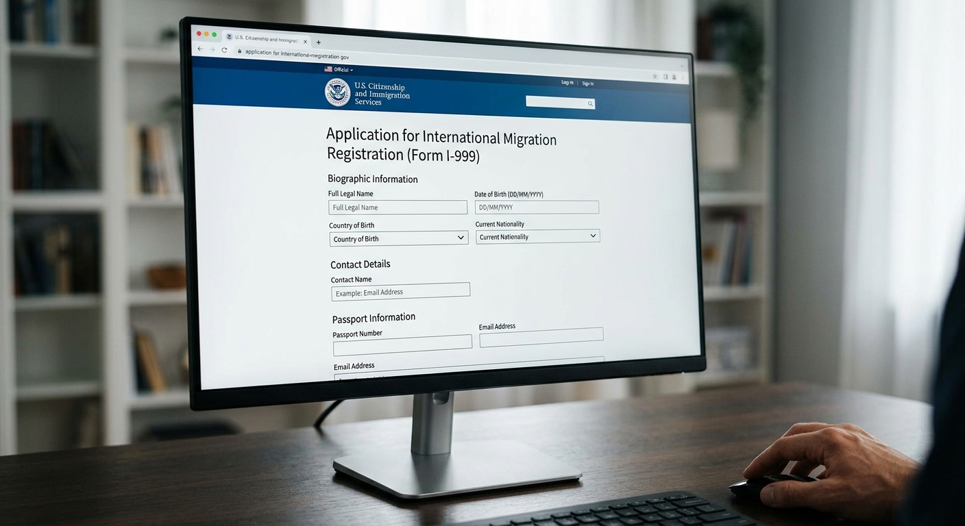 Pantalla de computadora mostrando el sitio web oficial para el registro de la loteria de visas 2026 con un formulario digital.