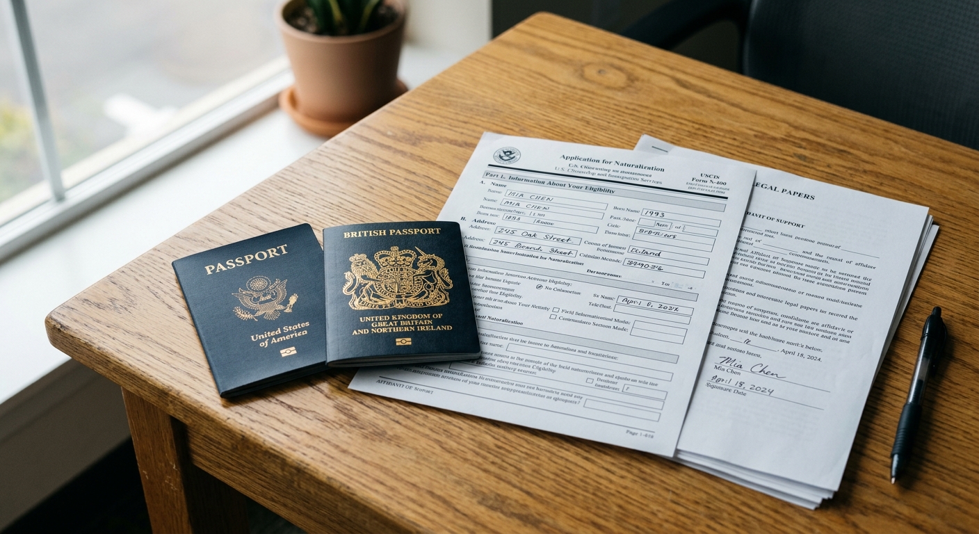 Pasaporte de Estados Unidos y otro extranjero junto a documentos legales sobre doble ciudadania estados unidos.