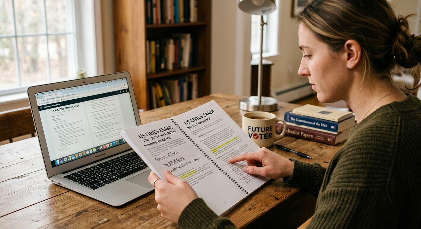 Persona estudiando guia de historia para completar los requisitos para la ciudadania americana con exito.
