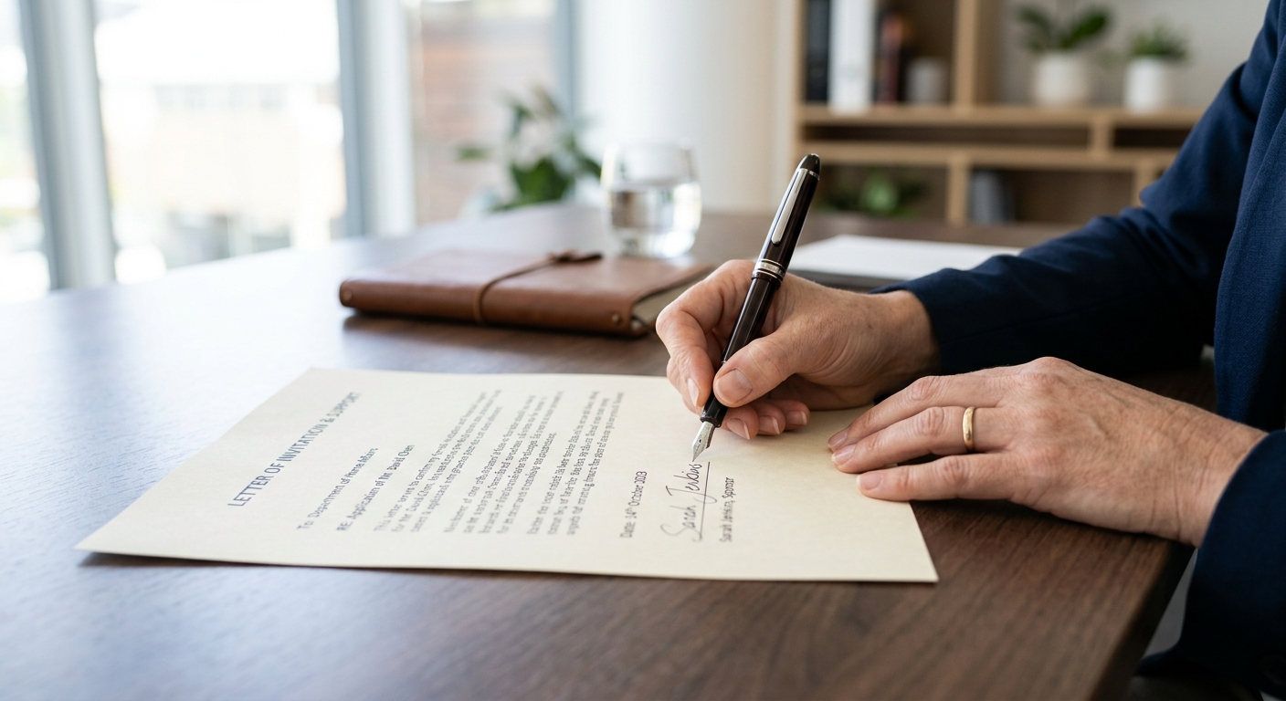 Persona firmando una carta de invitacion para estados unidos para apoyar la solicitud de visa de un familiar.