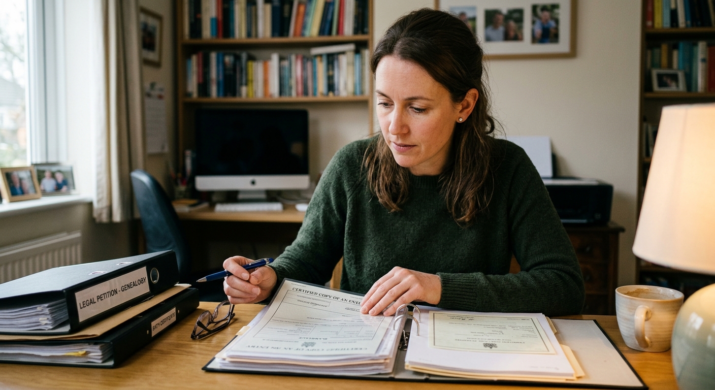 Persona revisando documentos de nacimiento y matrimonio para una petición familiar de residencia permanente.