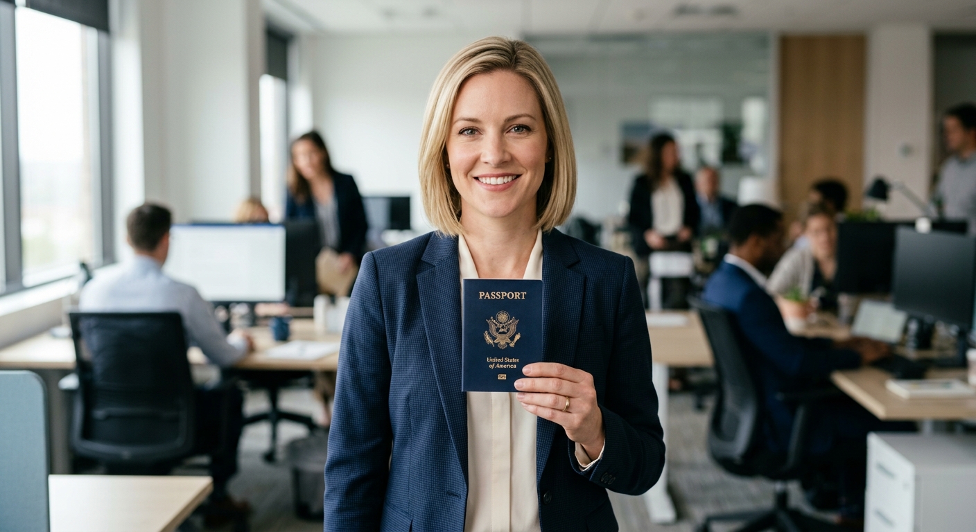Persona sosteniendo un pasaporte azul mostrando seguridad y los beneficios de ser ciudadano americano en un entorno profesional.