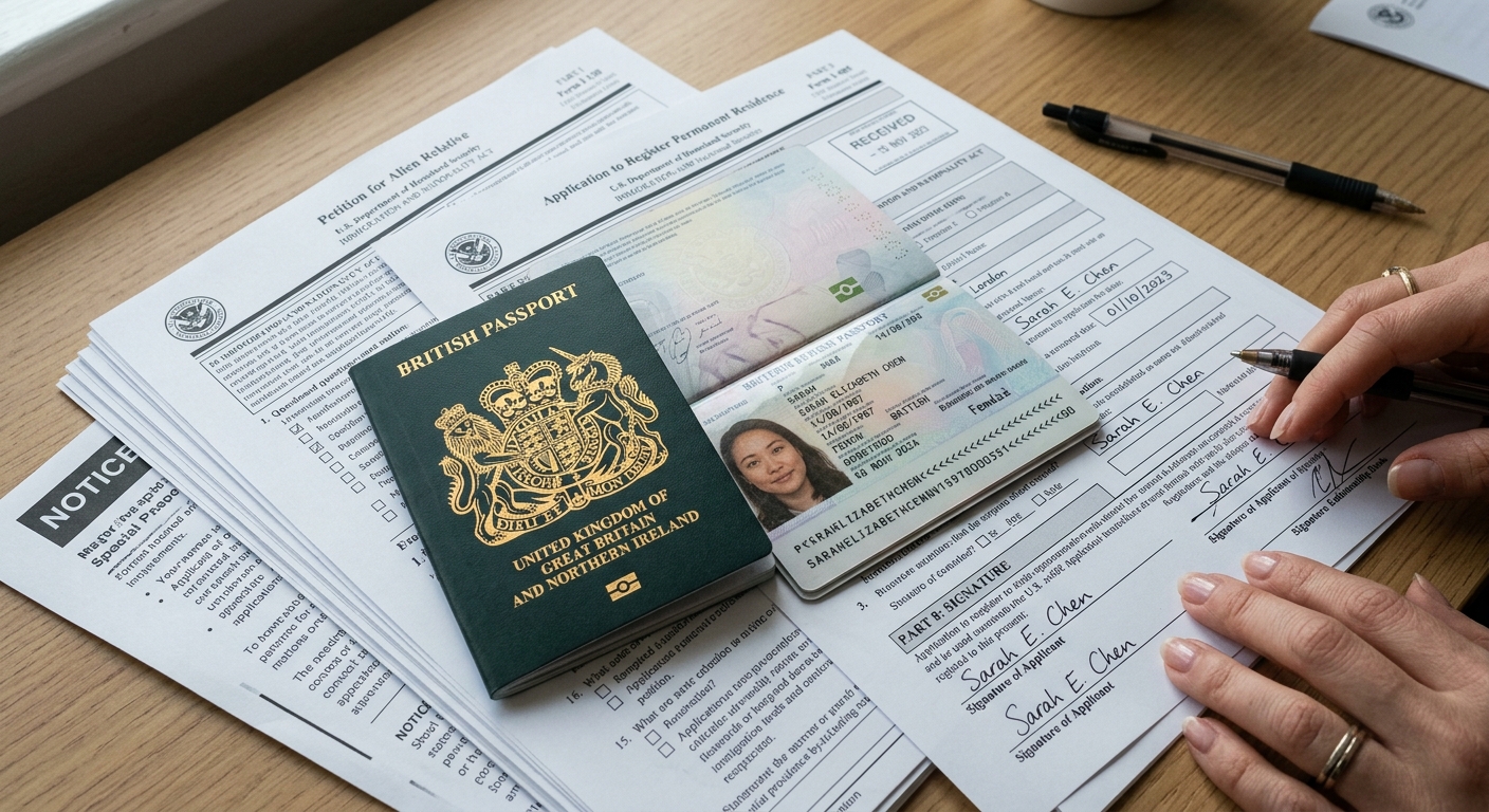 Primer plano de un documento de identidad verde sobre formularios legales detallando que es una green card para residencia.