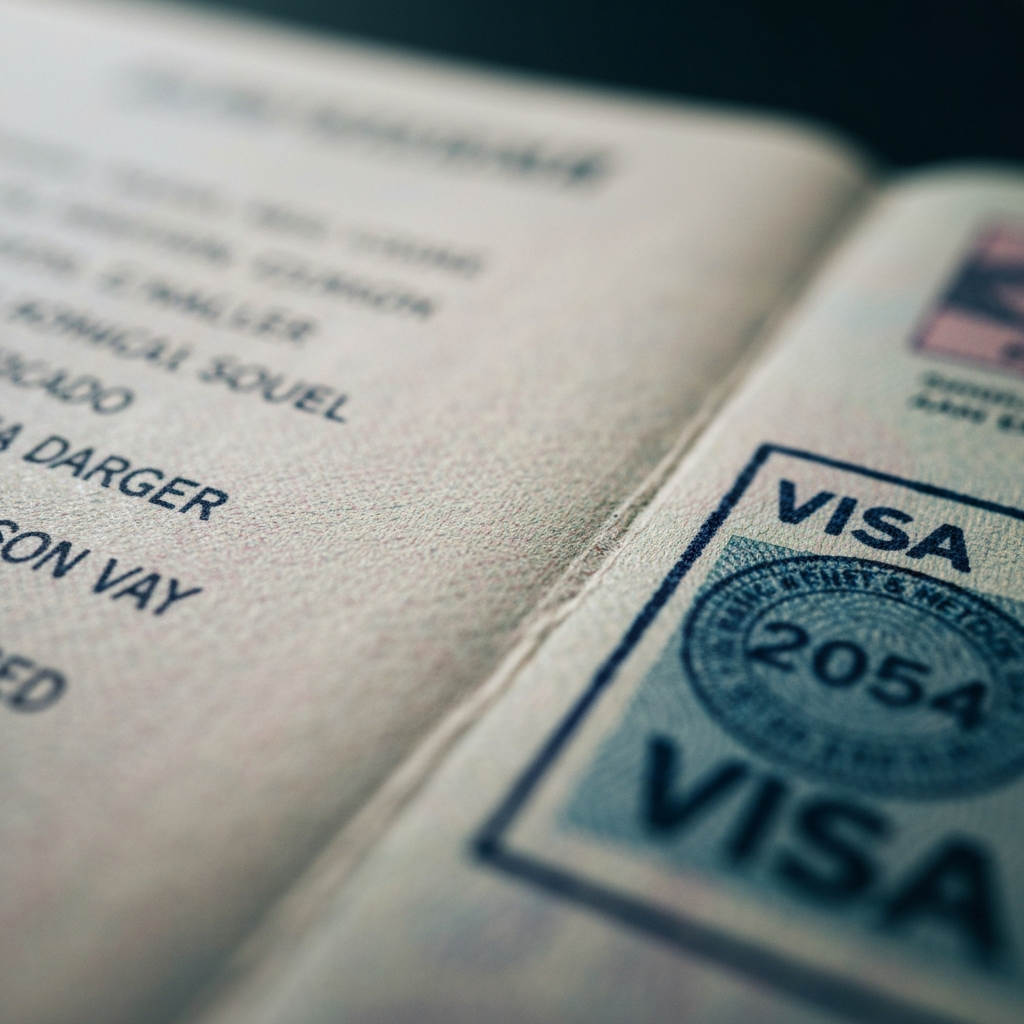 Primer plano de un pasaporte y una pagina de visa, detalle de sellos y documentos, simbolizando procesos burocraticos.