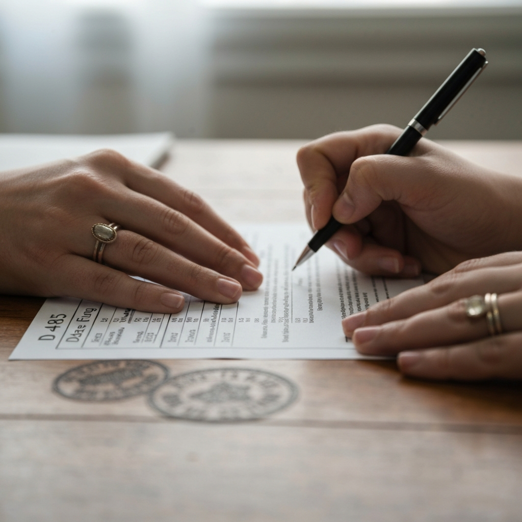 Primer plano de una mano firmando un formulario junto a un grafico de fechas.