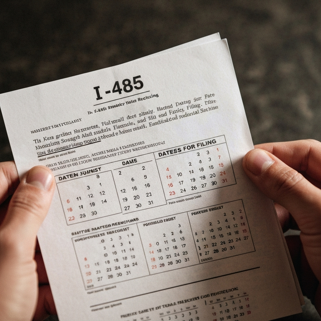 Primer plano extremo de manos sujetando un documento I-485 y una pagina con fechas de presentacion.