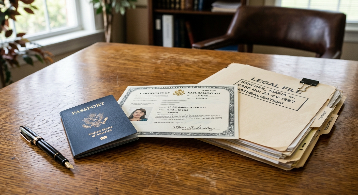 Un pasaporte y certificado de naturalizacion sobre un escritorio de madera destacando beneficios de ser ciudadano americano.