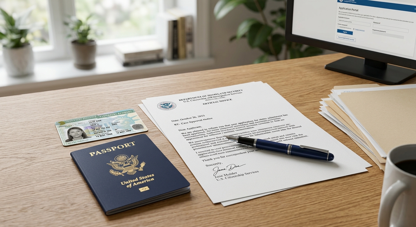 Una carta de invitacion para estados unidos sobre un escritorio de madera junto a una tarjeta de residencia legal.