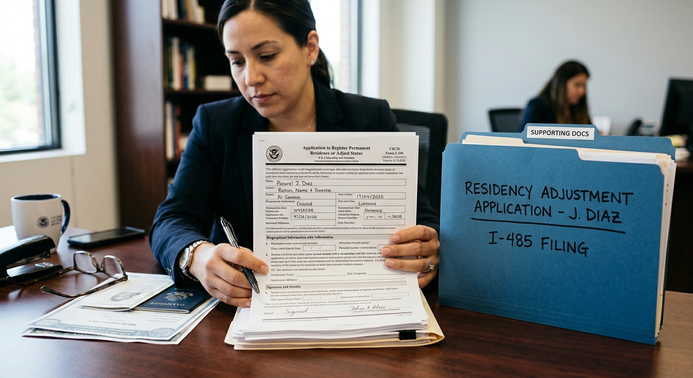 Una mesa de oficina con documentos legales que explican que es el formulario i-485 para la residencia.