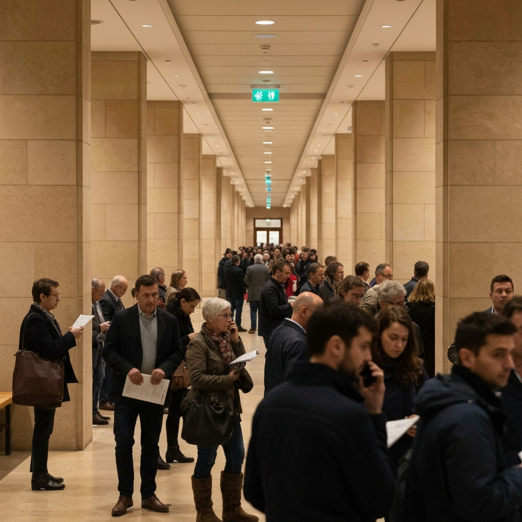 Vista ambiental amplia en un edificio de inmigracion, personas esperando, filas y pasillos, luz dorada que sugiere un cambio de politica.