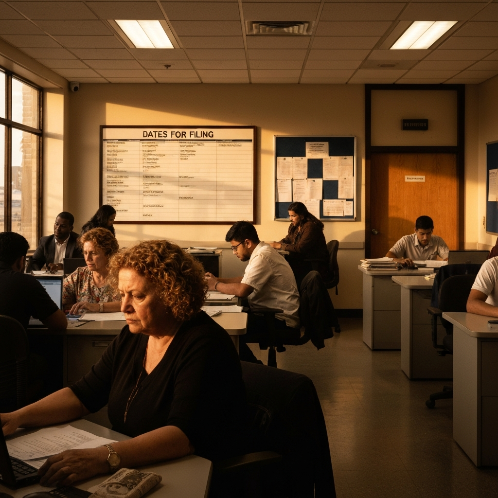 Vista amplia de una oficina de inmigracion con personas en escritorios y un tablero grande de fechas, estilo documental.