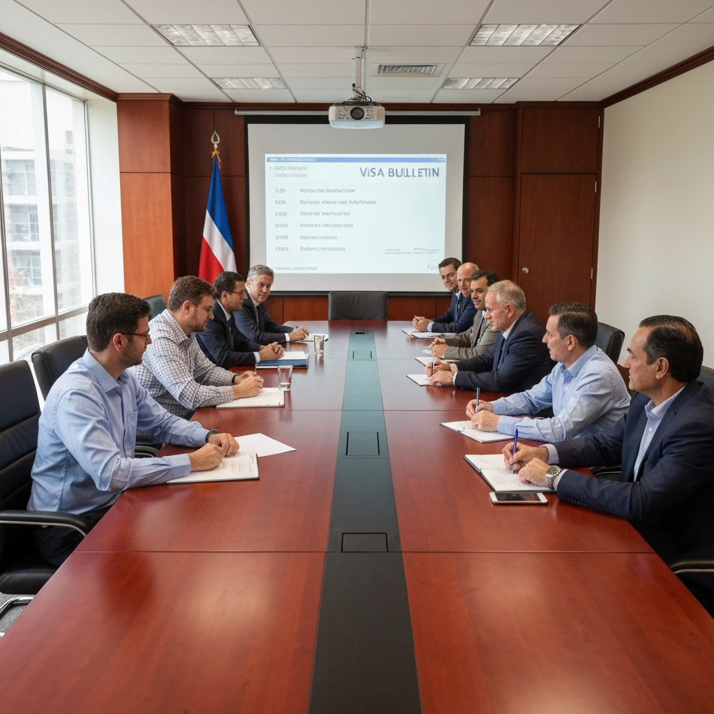 Vista amplia de una sala de reuniones con equipo diverso revisando un boletin de visas en pantalla