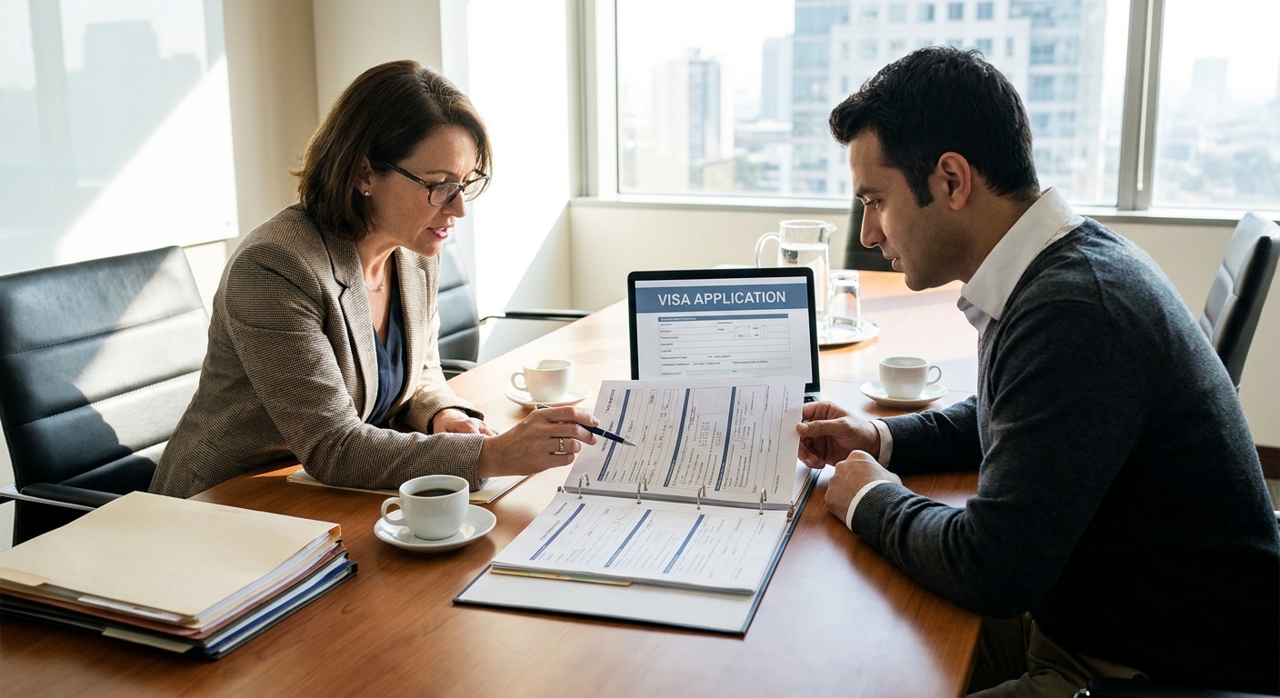 Abogada de inmigracion y cliente revisando expediente de solicitud en una mesa de consultoria.