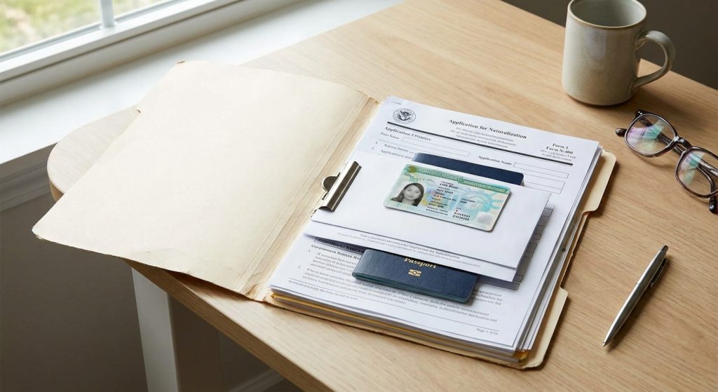 Carpeta abierta en un escritorio conteniendo documentos para la ciudadania americana, incluyendo Green Card y Formulario N-400, en un entorno profesional.