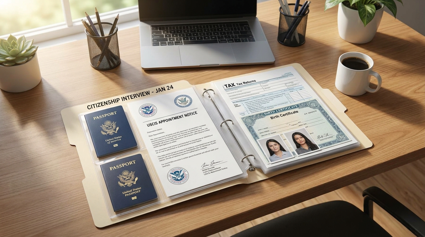 Carpeta organizada con documentos para la ciudadanía americana, lista para la entrevista de naturalización con USCIS.