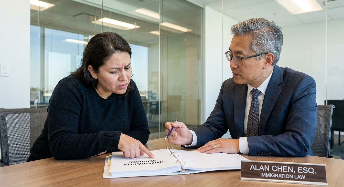 Cliente preocupado consulta con abogada de inmigración sobre el impacto de sus antecedentes penales en su caso.