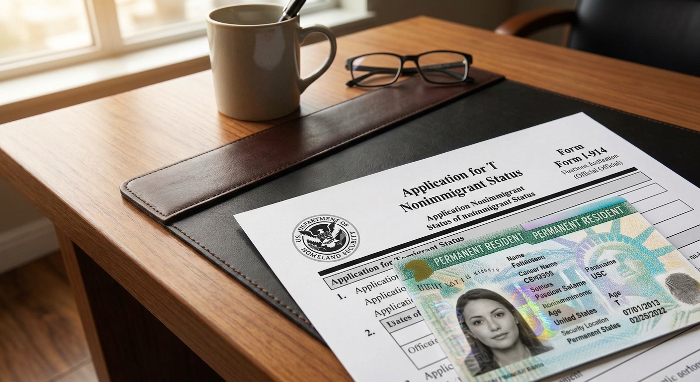 Formulario I-914 con una Green Card y documentos sobre un escritorio, simbolizando la proteccion y los visa t requisitos para victimas de trata.