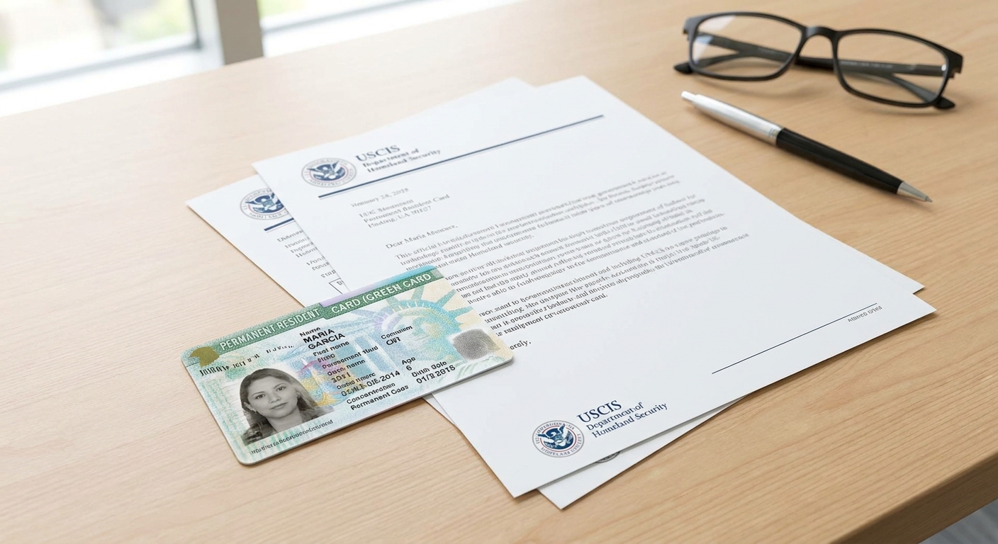 Green Card aprobada y documentos de inmigración sobre un escritorio, resultado del proceso de la Visa T para víctimas de trata.