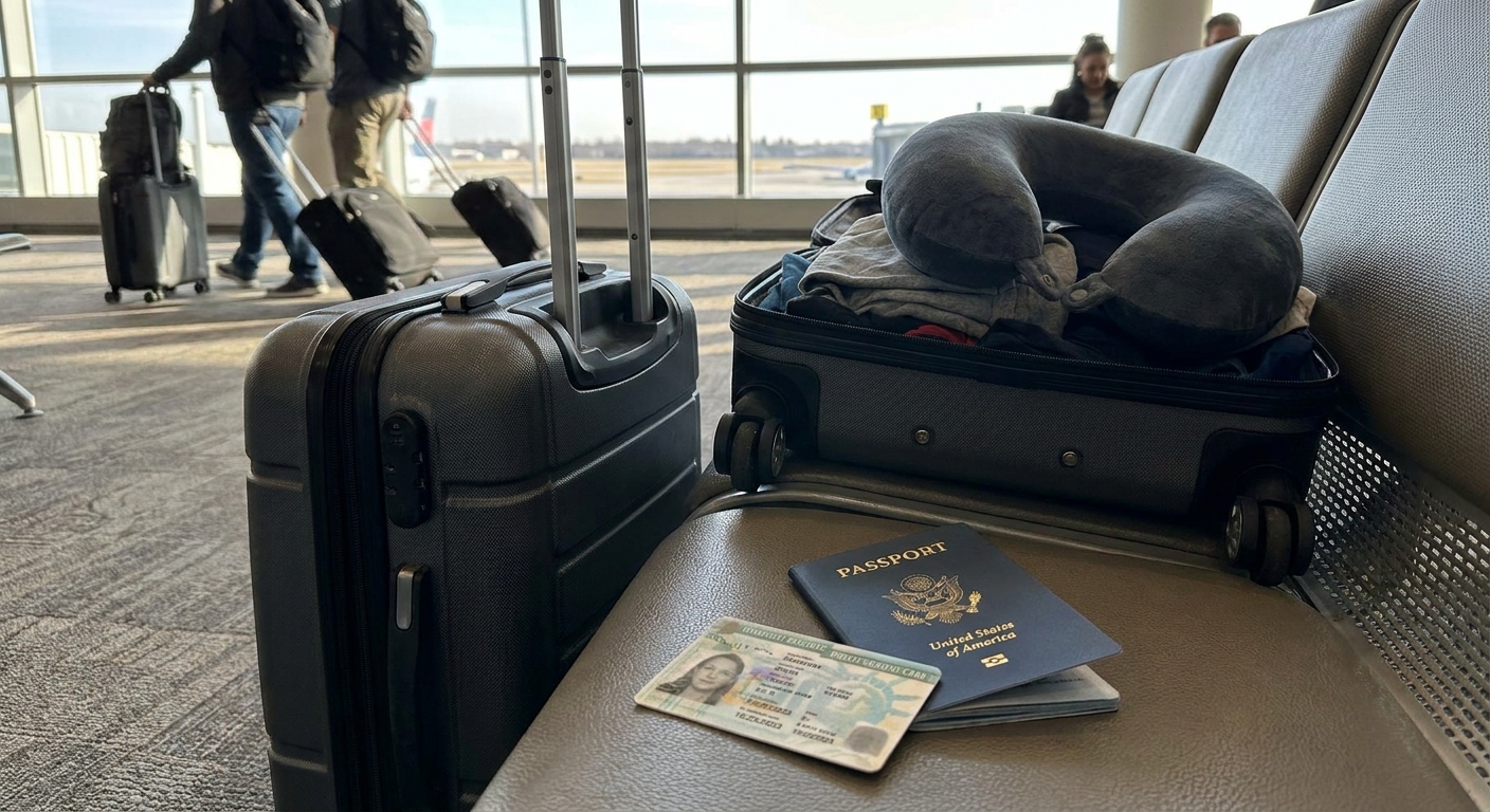 Green Card vencida junto a pasaporte valido, con maleta, reflejando la pregunta puedo viajar con mi residencia vencida.