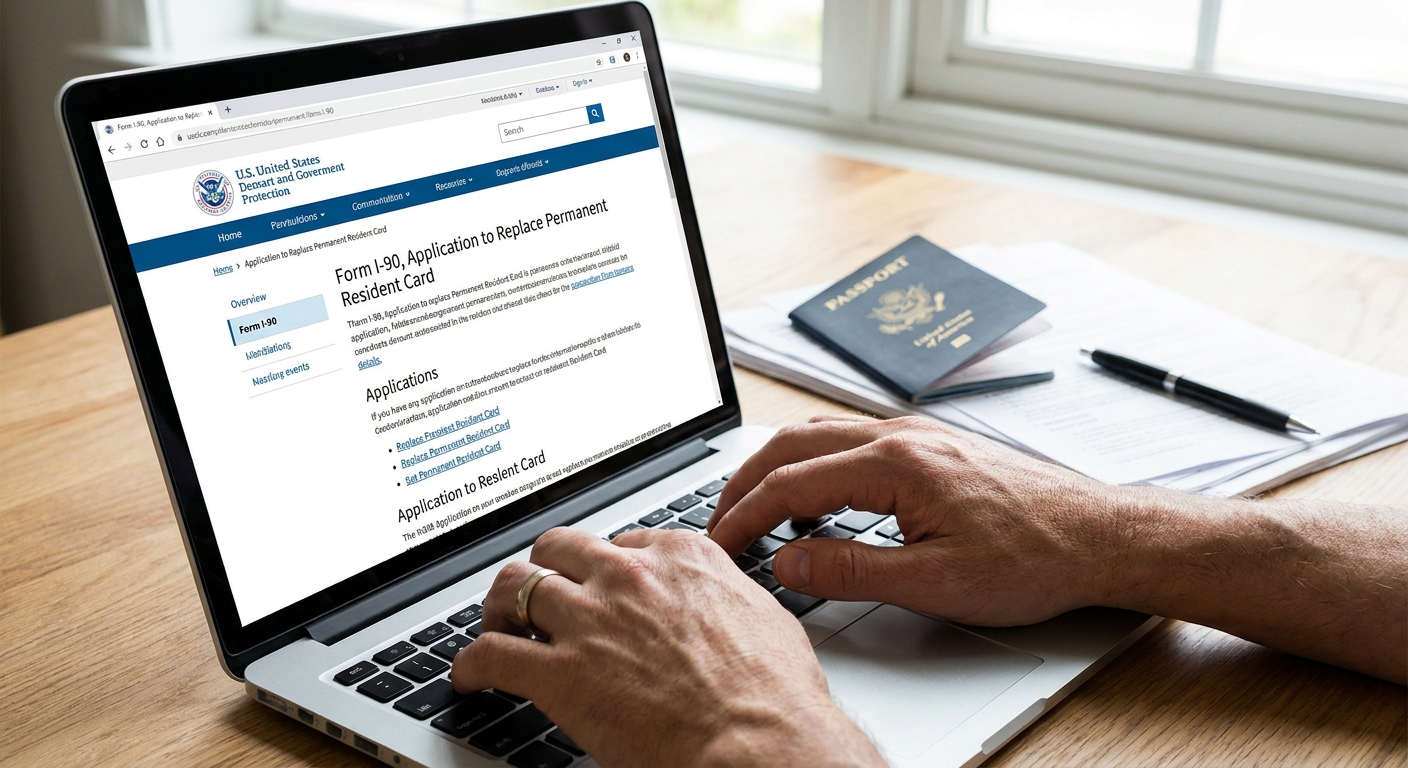 Manos completando Formulario I-90 para renovacion de Green Card en pantalla.