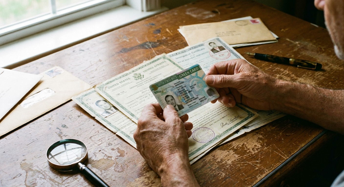 Manos revisando una Tarjeta de Residente Permanente y certificados importantes como parte de los documentos para solicitar la ciudadanía americana.