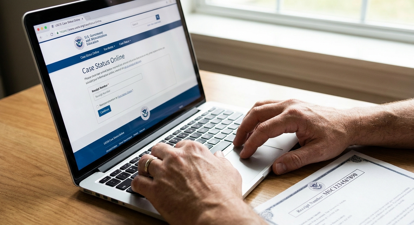 Manos navegando web de USCIS con numero de recibo, para saber si estoy fichado por inmigracion.