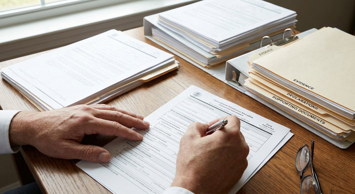 Manos rellenando el Formulario I-914 para solicitar la Visa T, con documentos de evidencia en escritorio.