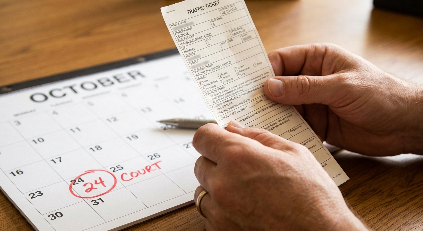 Manos revisan un ticket de transito junto a un calendario, evaluando si por ignorarlo me pueden deportar.