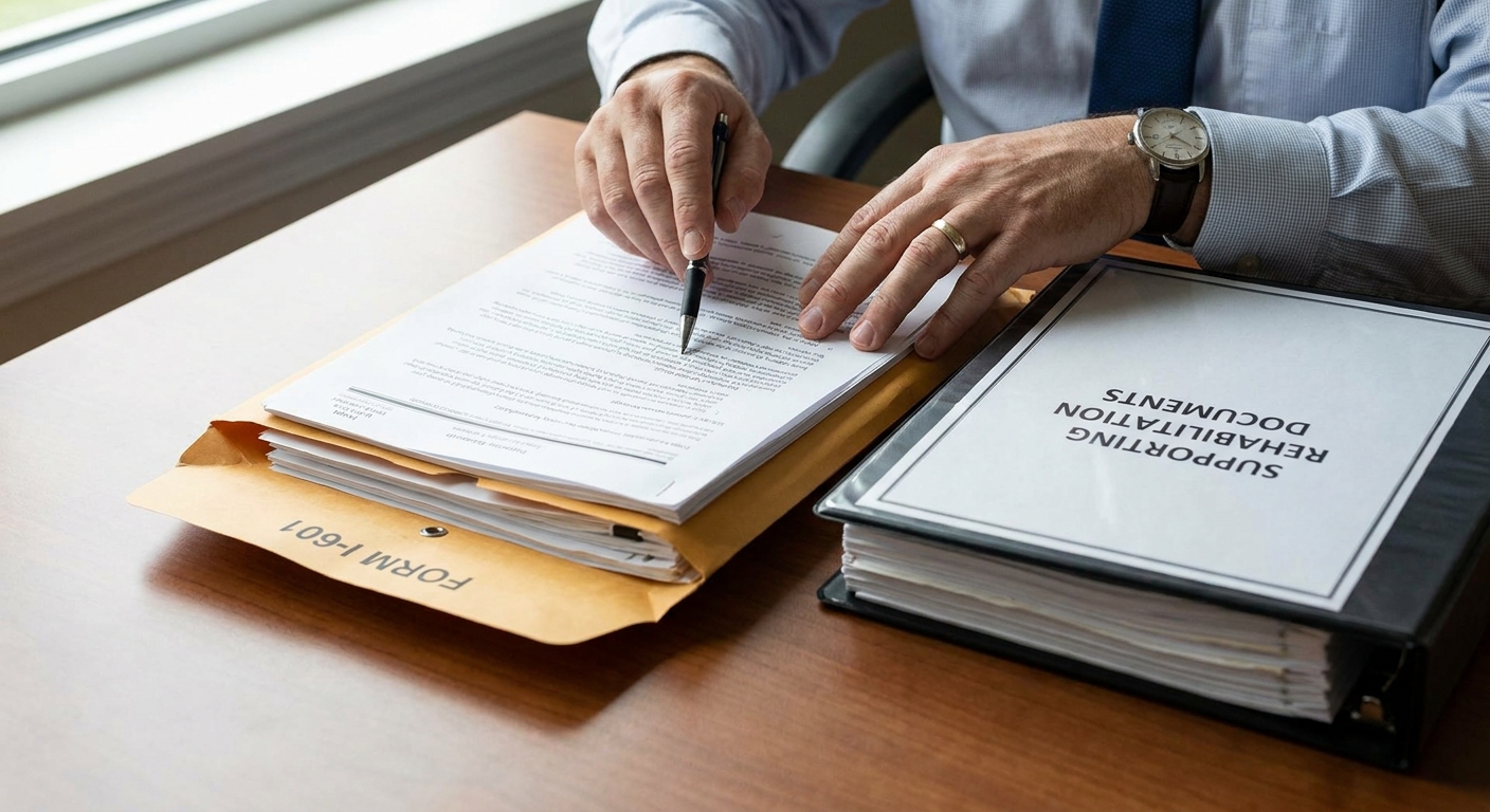 Manos revisando formulario I-601 y documentos de rehabilitación para solicitar un perdón migratorio tras una condena por DUI.