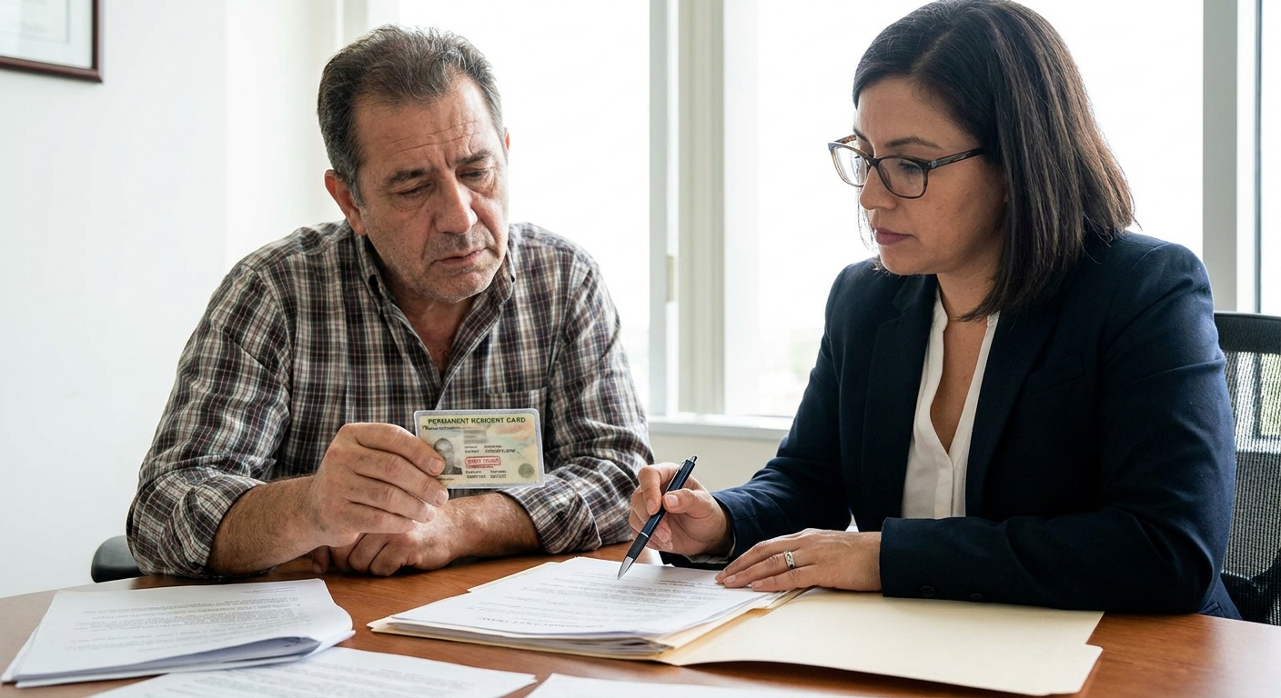 Persona con Green Card expirada revisando documentos de estatus con abogada de inmigracion.
