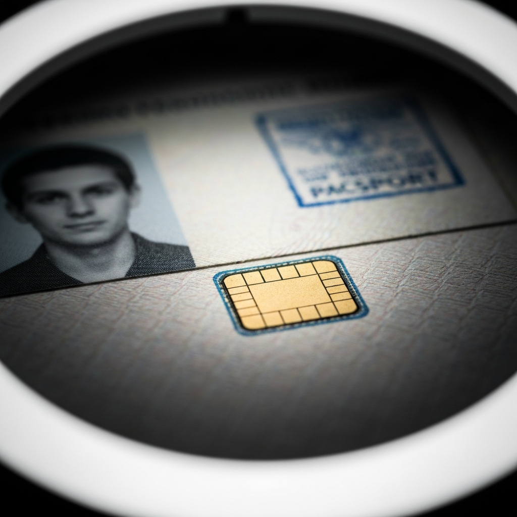 Primer plano de un pasaporte y una solicitud con sellos, resaltando la verificacion de identidad.