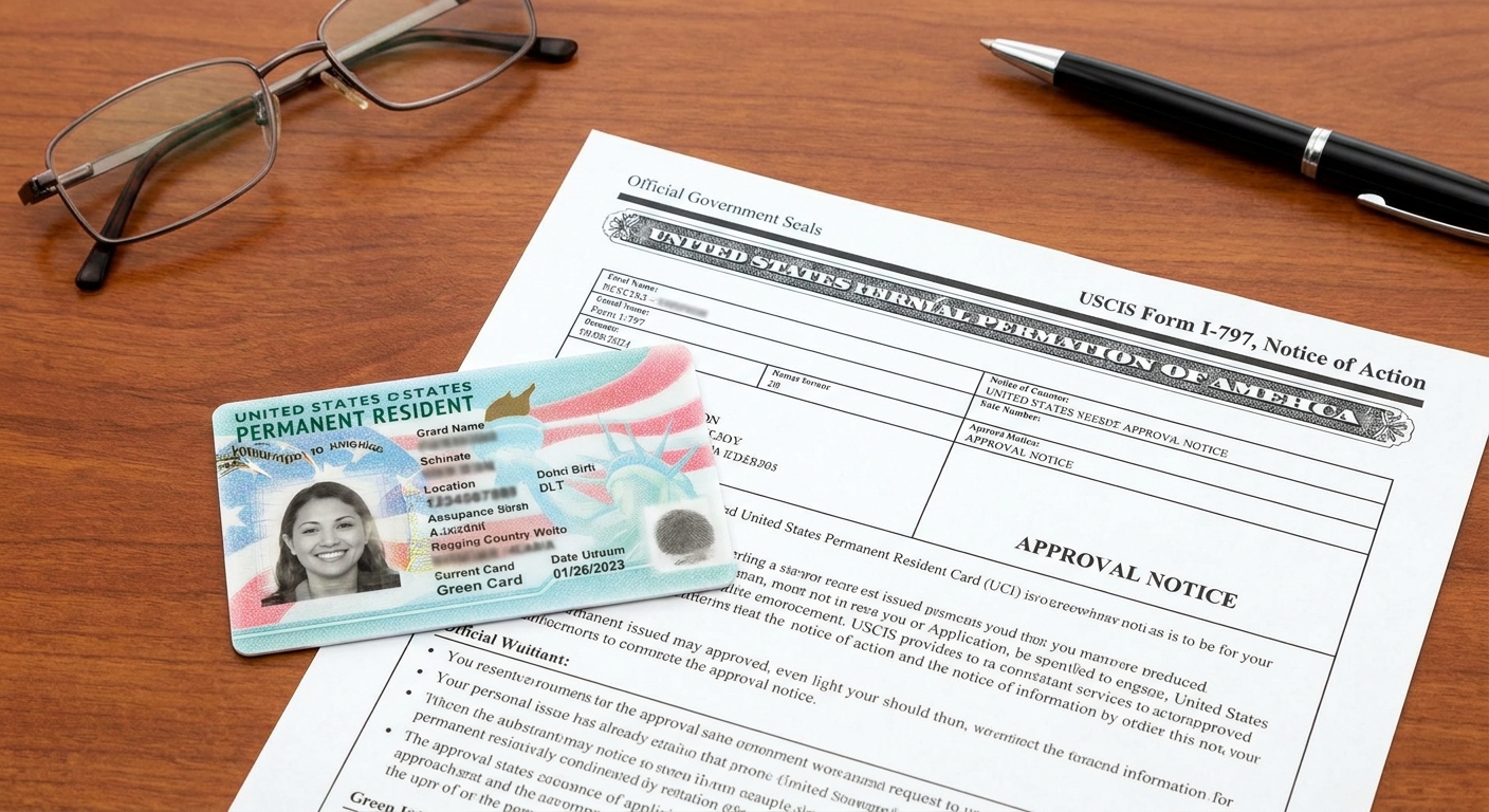 Recien recibida Green Card y notificacion de aprobacion oficial Formulario I-797 en escritorio.