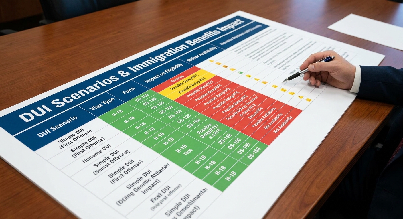 Tabla comparativa del impacto de un DUI en solicitudes de Green Card, residencia y visas de inmigración.
