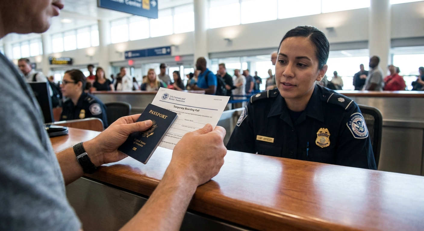 Viajero presentando pasaporte y boarding foil a oficial de Aduanas y Proteccion Fronteriza.