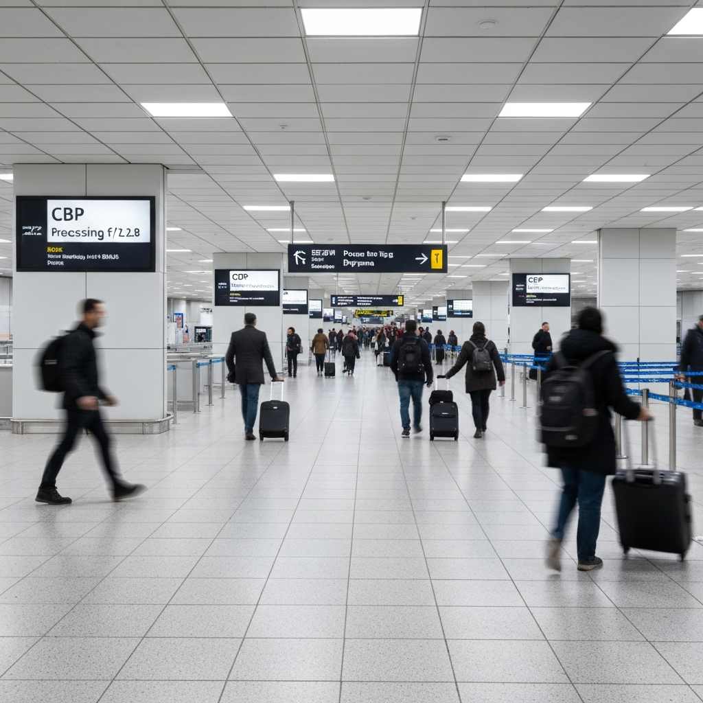 Vista amplia de un aeropuerto concurrido, senalizacion migratoria y gente con equipaje, simbolizando la reapertura.