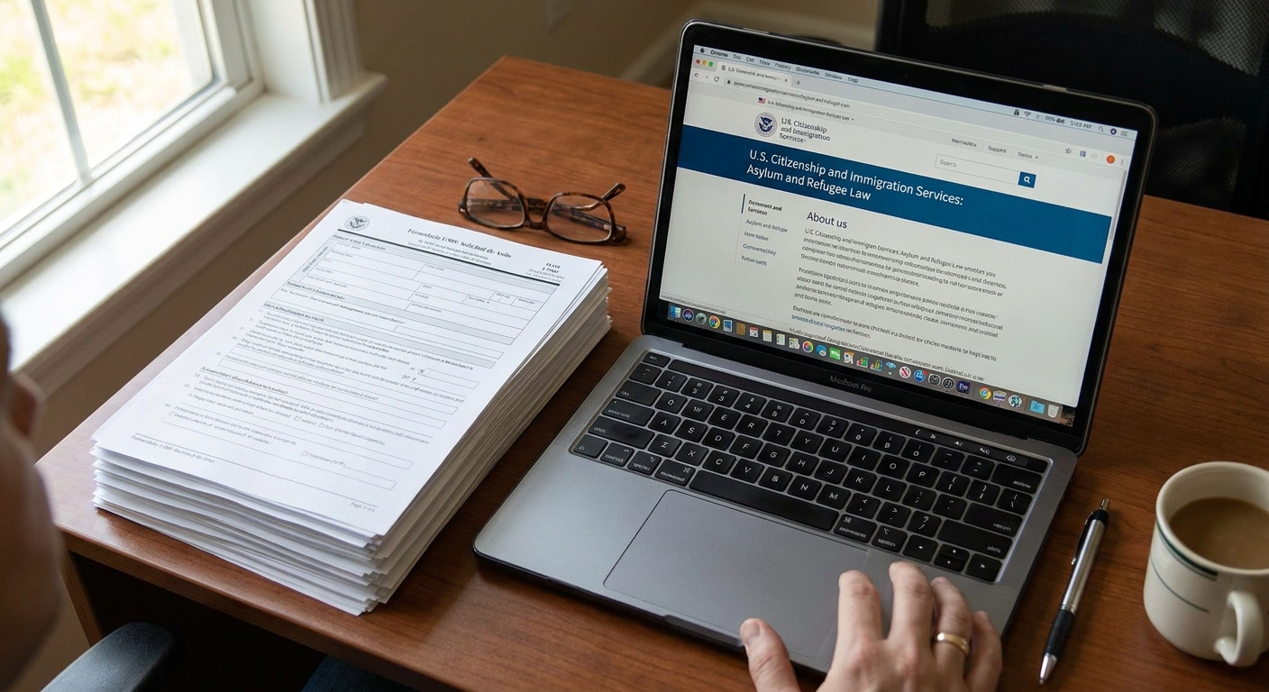Documentos legales y Formulario I-589 en escritorio, reflejando el proceso de asilo humanitario.