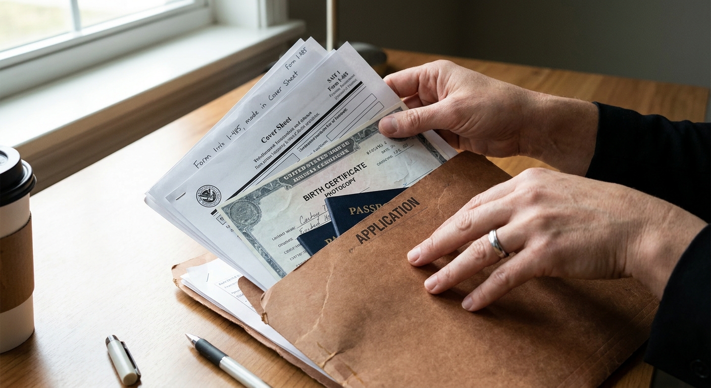 Manos organizan los documentos clave para el ajuste de estatus dentro de Estados Unidos.