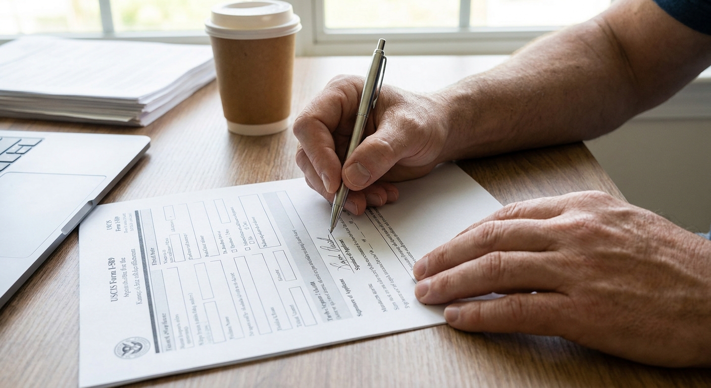 Manos revisando el Formulario I-589 para solicitar asilo en Estados Unidos.