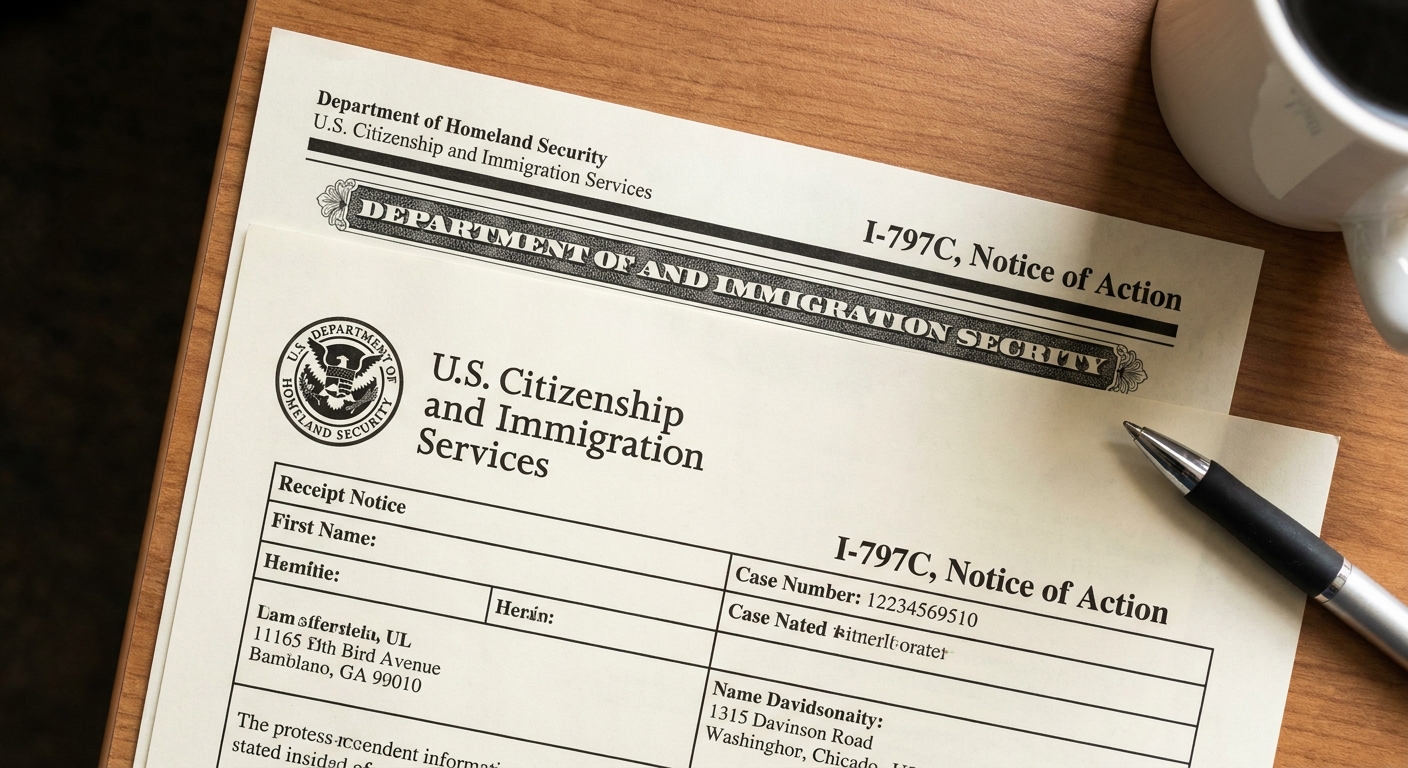 Notificación I-797C de USCIS que evidencia el progreso del ajuste de estatus dentro de Estados Unidos.