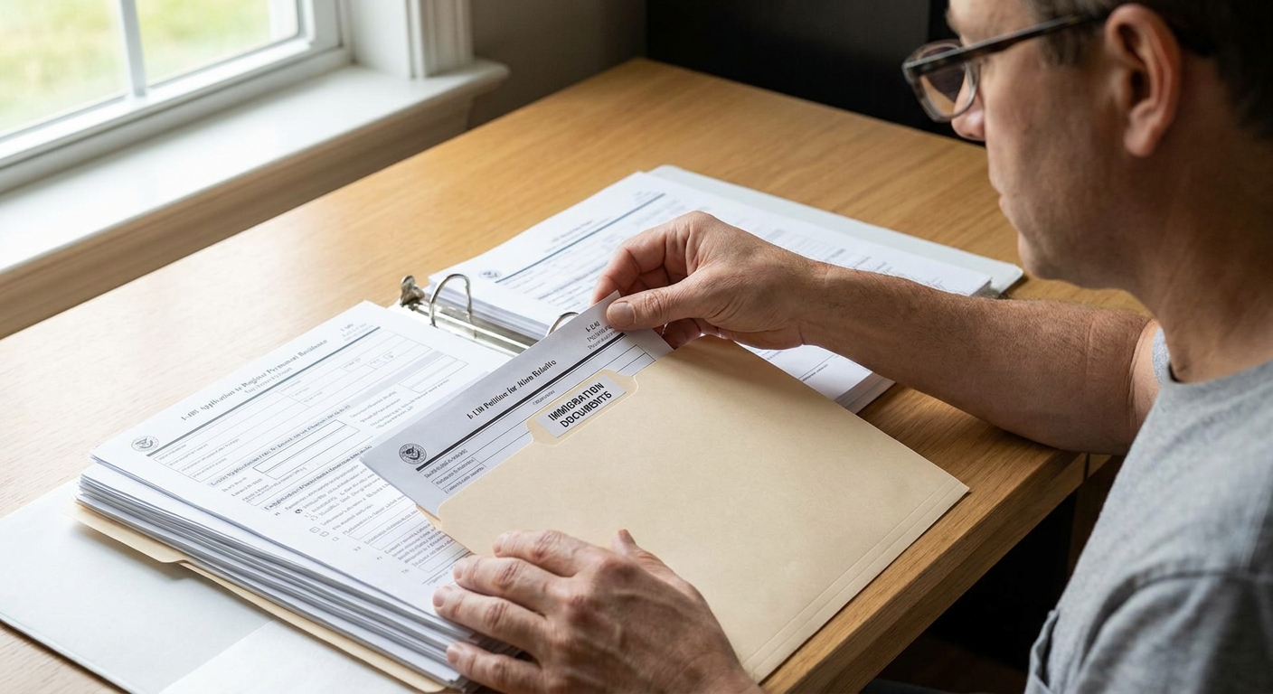 Organización de los formularios I-130 e I-485 para el ajuste de estatus por matrimonio con residente permanente.