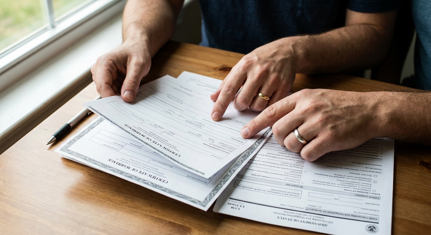 Pareja revisa documentos para el ajuste de estatus por matrimonio con residente permanente.