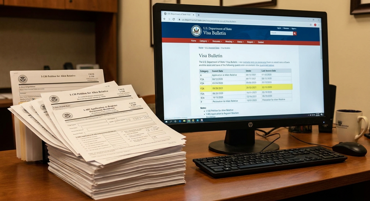 Proceso de ajuste de estatus por matrimonio con residente permanente, mostrando formularios y el boletin de visas.