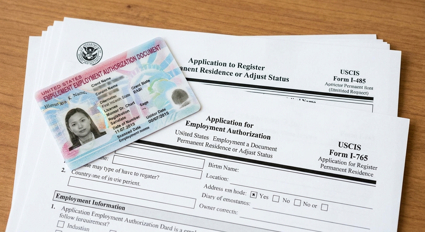 Un permiso de trabajo por ajuste de estatus EAD recien aprobado sobre formularios.